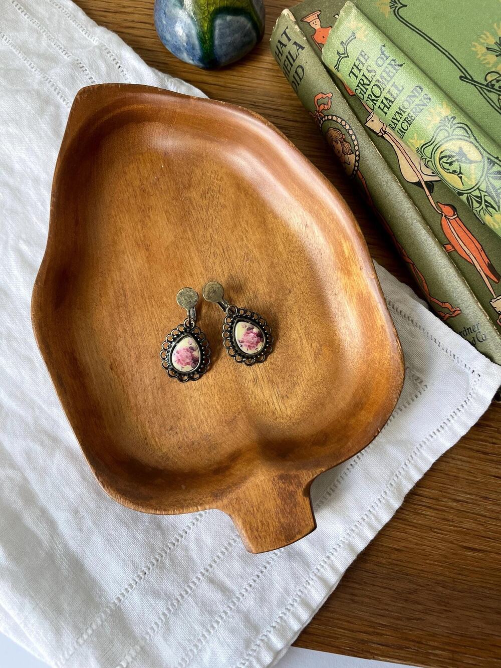 Vintage Floral Cabochon Earrings Clip On Ornate Brass Oval Pink Flower Jewelry